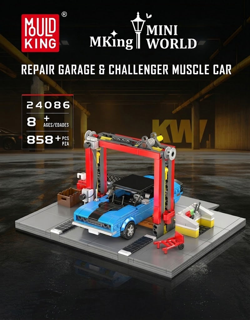 Promotional specification display of the Mould King 24086 Repair Garage and Challenger Muscle Car STEM building kit, showing the complete 858-piece assembled model available locally through Gadgets Lebanon.