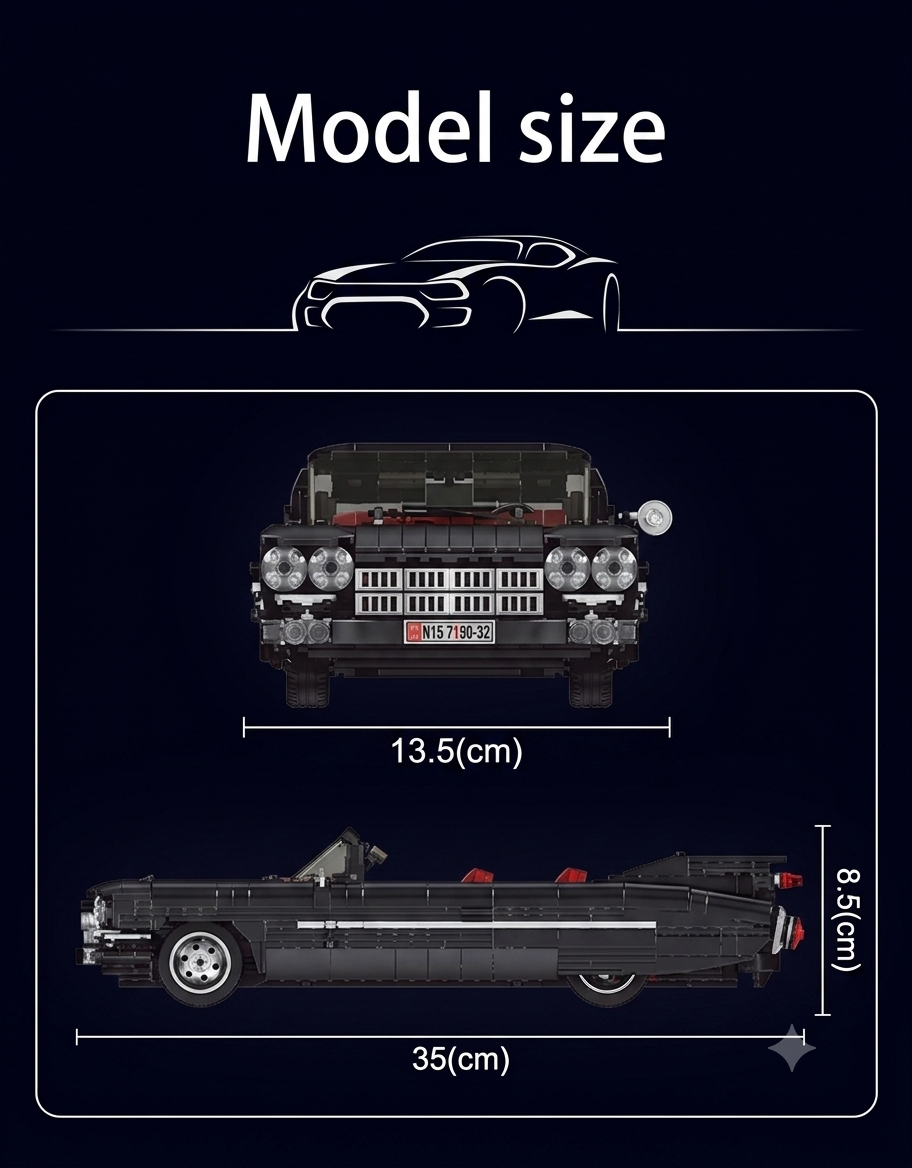 Front and side profile dimensions of the vintage convertible car building set showing 35cm length, 13.5cm width, and 8.5cm height.