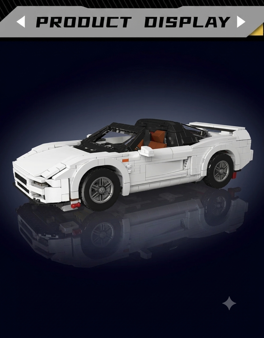 Front angle view of classic white 1990 NSX brick-built scale vehicle model with detailed interior