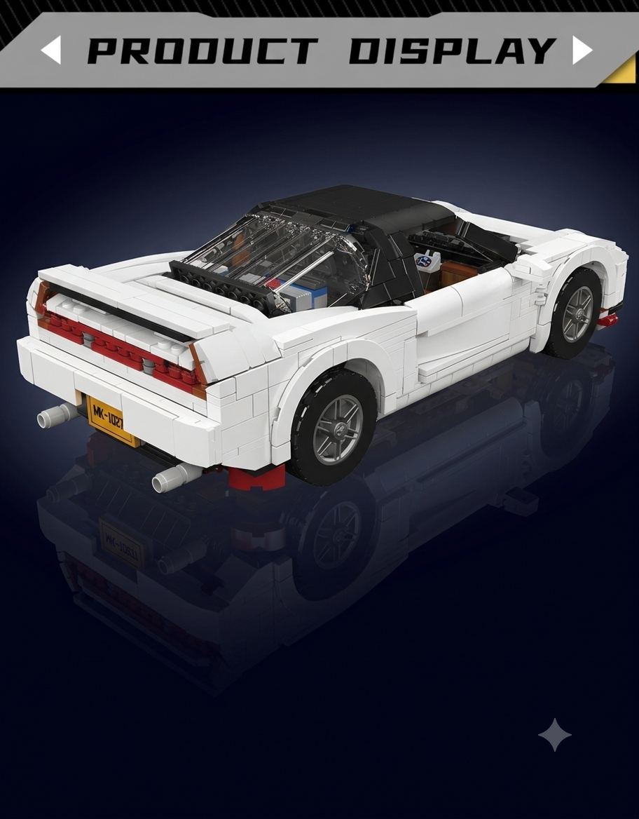 Rear perspective of 1990 NSX white brick racing car model showing dual exhaust taillights and rear wing spoiler