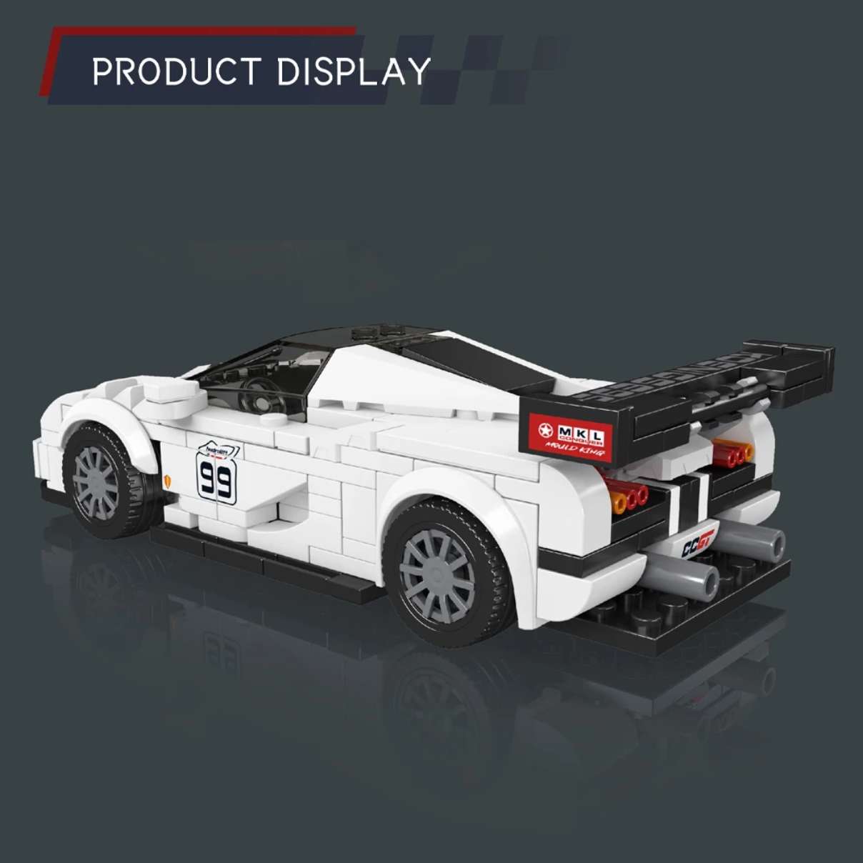 Rear perspective view of white Mould King Swedish V8 GT sports car building block model with spoiler and exhaust details
