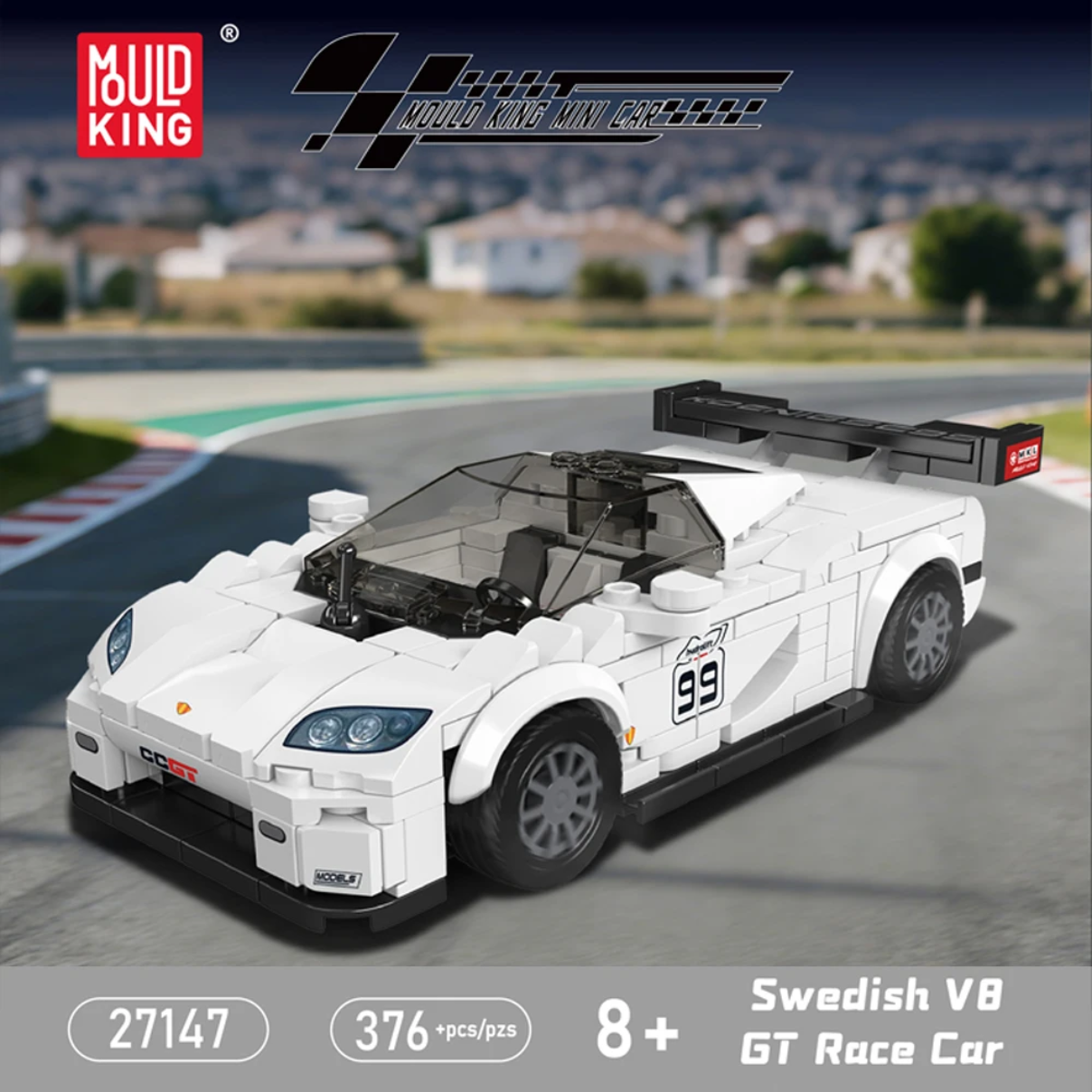Mould King Swedish V8 GT white supercar building blocks speed racer model on track background