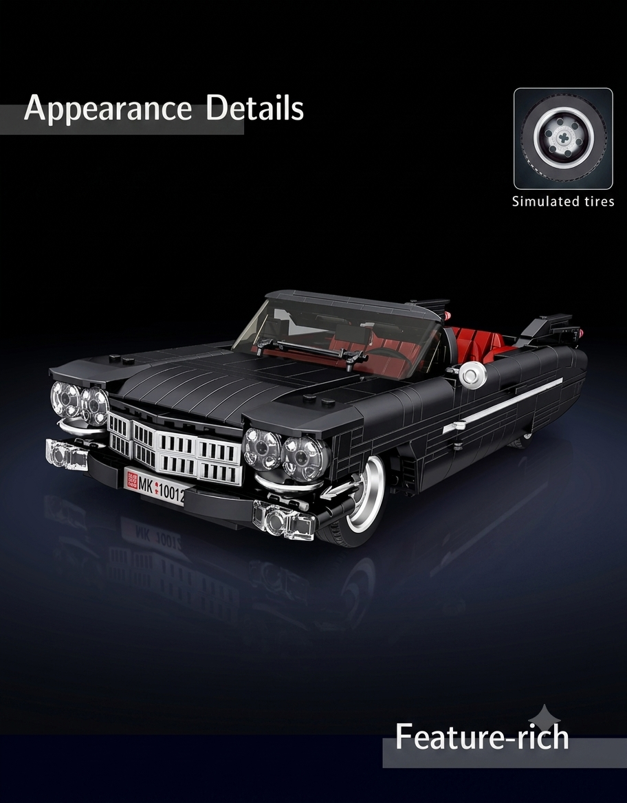 Feature-rich classic black convertible retro car assembly toy model with simulated chrome wheels and signature front grille.