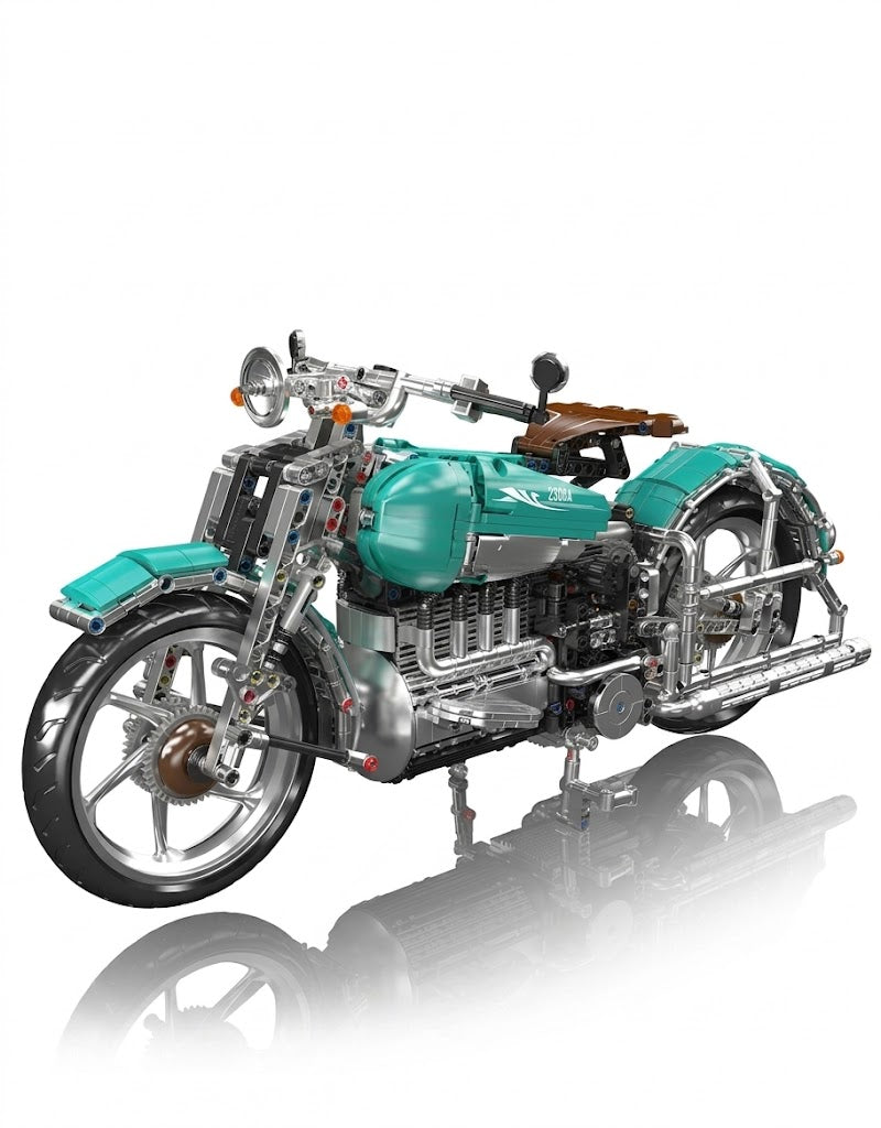 Front three-quarter view of the Mould King turquoise vintage cruiser motorcycle model showing chrome handlebars, exhaust pipes, and engine gears.