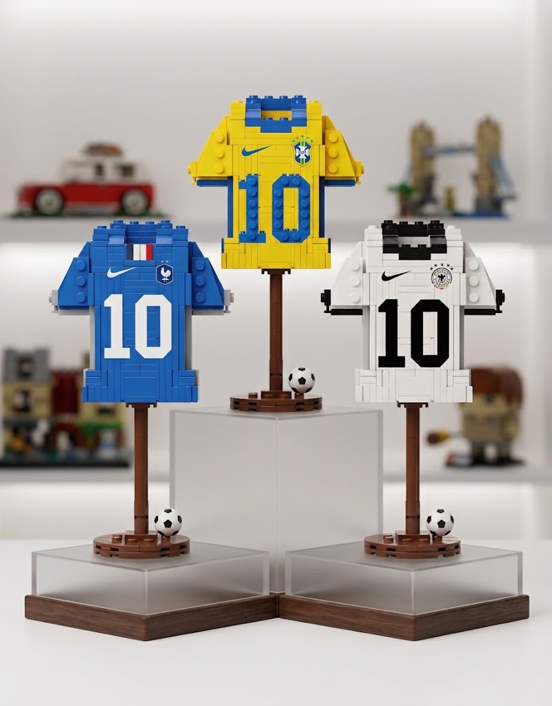 Brazil, France, and Germany football jersey mini building block sets with display stands and mini soccer balls.