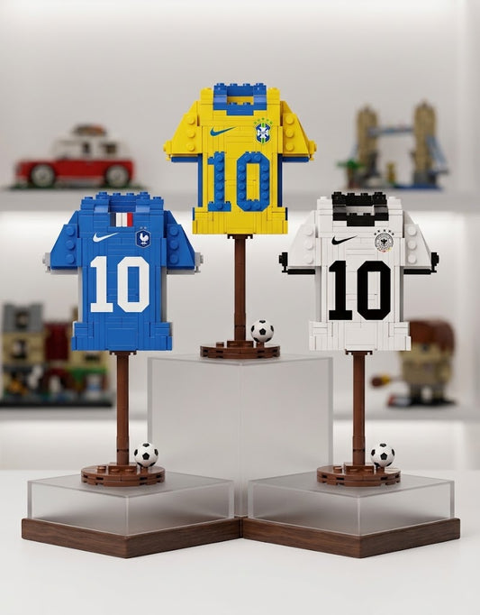 Brazil, France, and Germany football jersey mini building block sets with display stands and mini soccer balls.