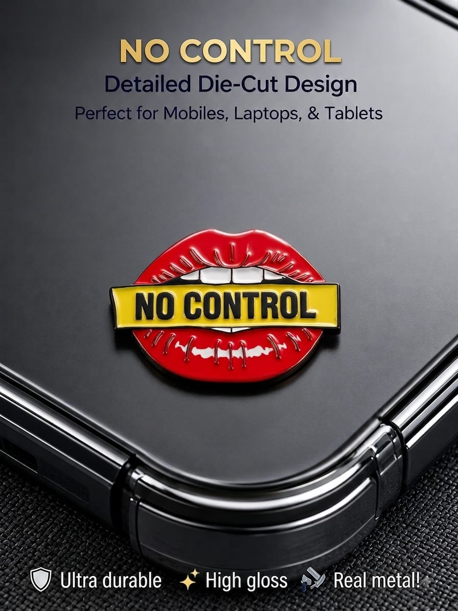 Glossy red lips "No Control" die-cut metal enamel sticker attached to the back of a black smartphone.