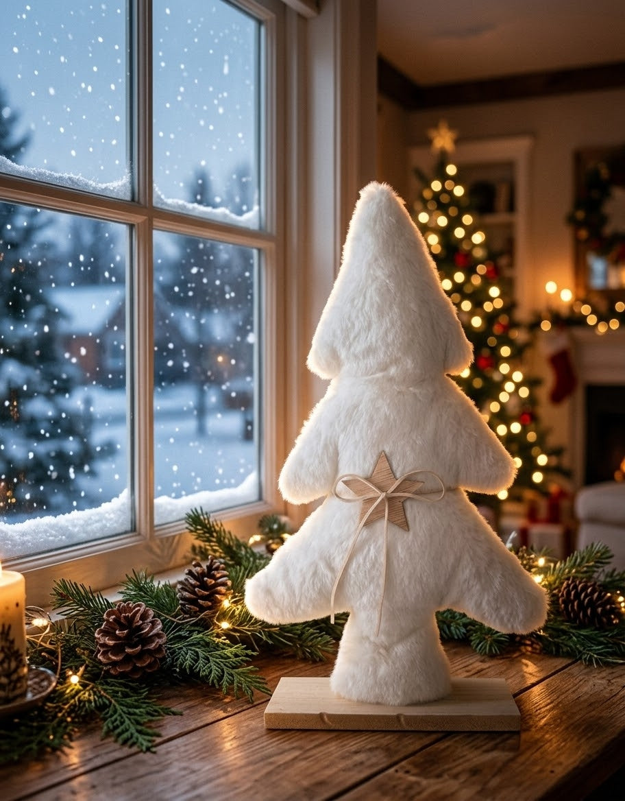 Nordic-style standing white faux fur Christmas tree ornament with wooden star accent on a rustic wooden table beside pine garland, fairy lights, pinecones, and a snowy winter window.
