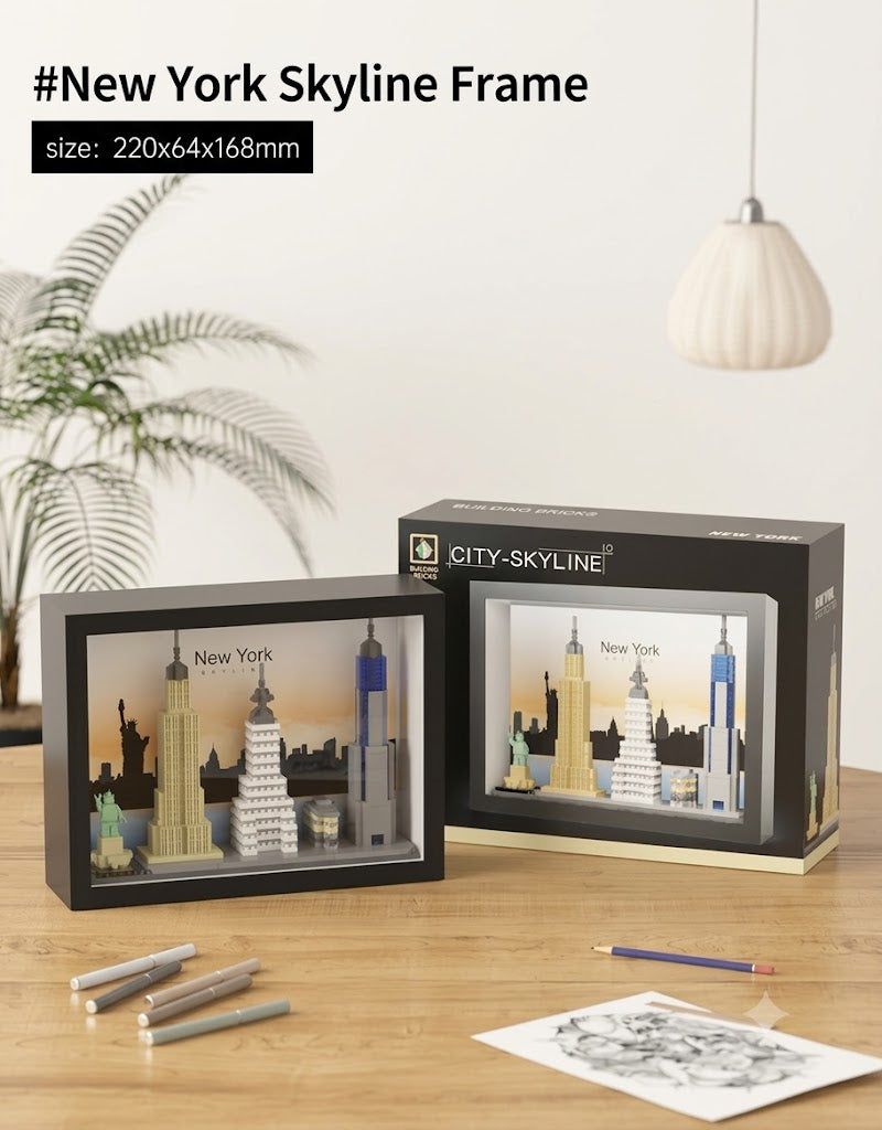 Assembled New York skyline micro brick frame on a wooden desk showing product dimensions of 220x64x168mm.