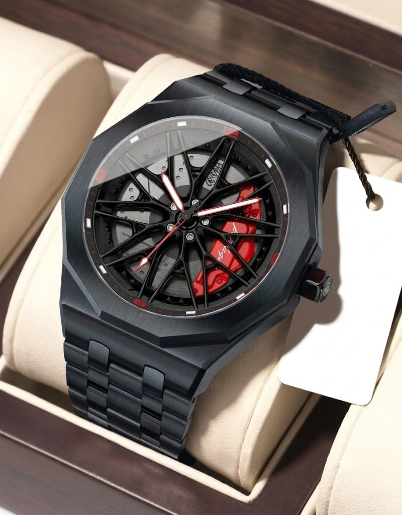 Poedagar men's car enthusiast watch with 3D rotating rim face and racing red brake caliper in luxury display box.