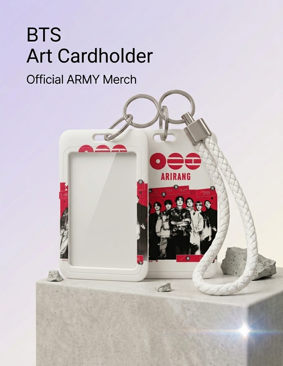 Official BTS Art Cardholder featuring a white braided lanyard, red Arirang graphics, and a black-and-white group photo of the BTS members.
