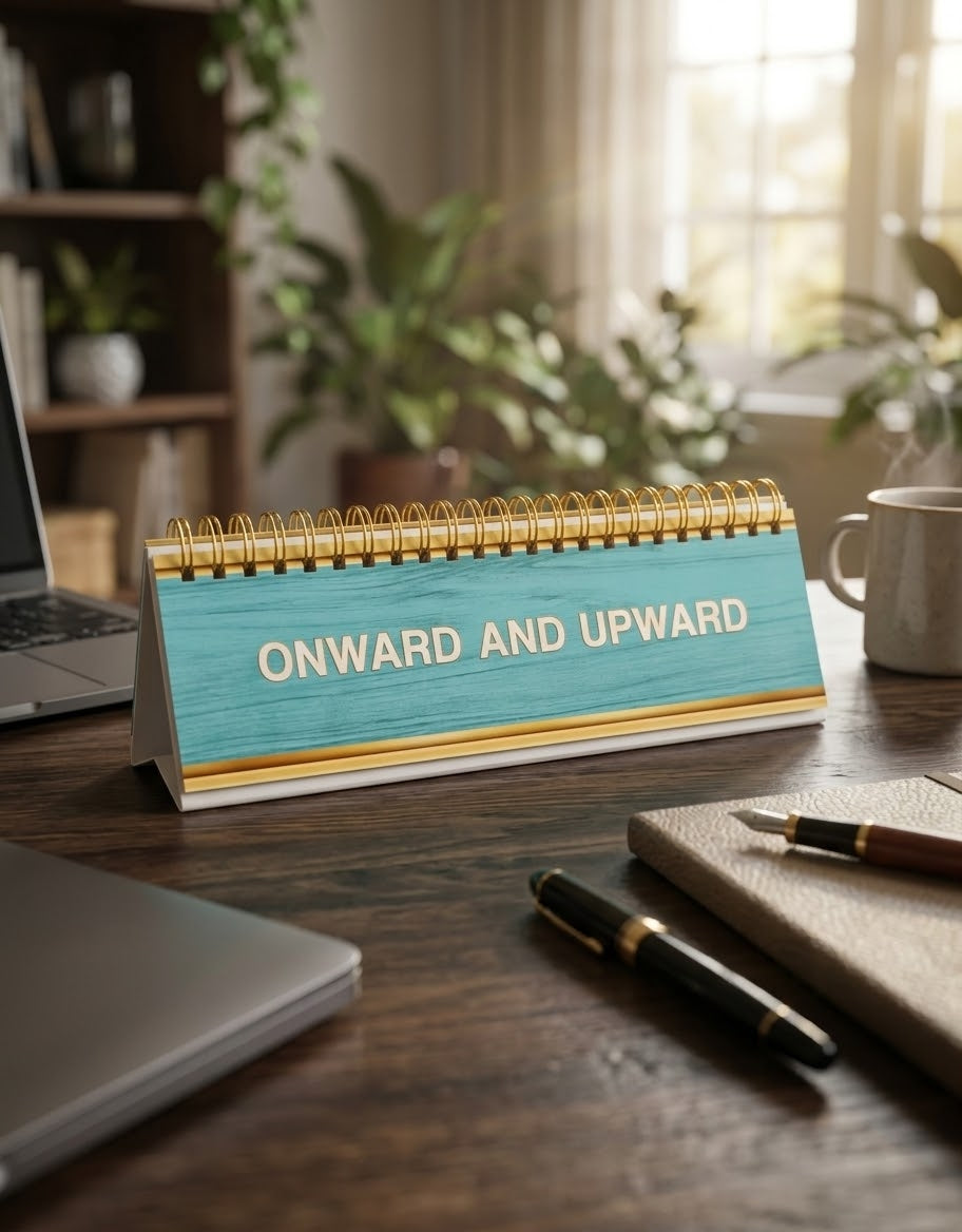 Teal Onward and Upward motivational desktop nameplate sign on a wooden office desk[cite: 4], corporate desk decor in Beirut, Lebanon.