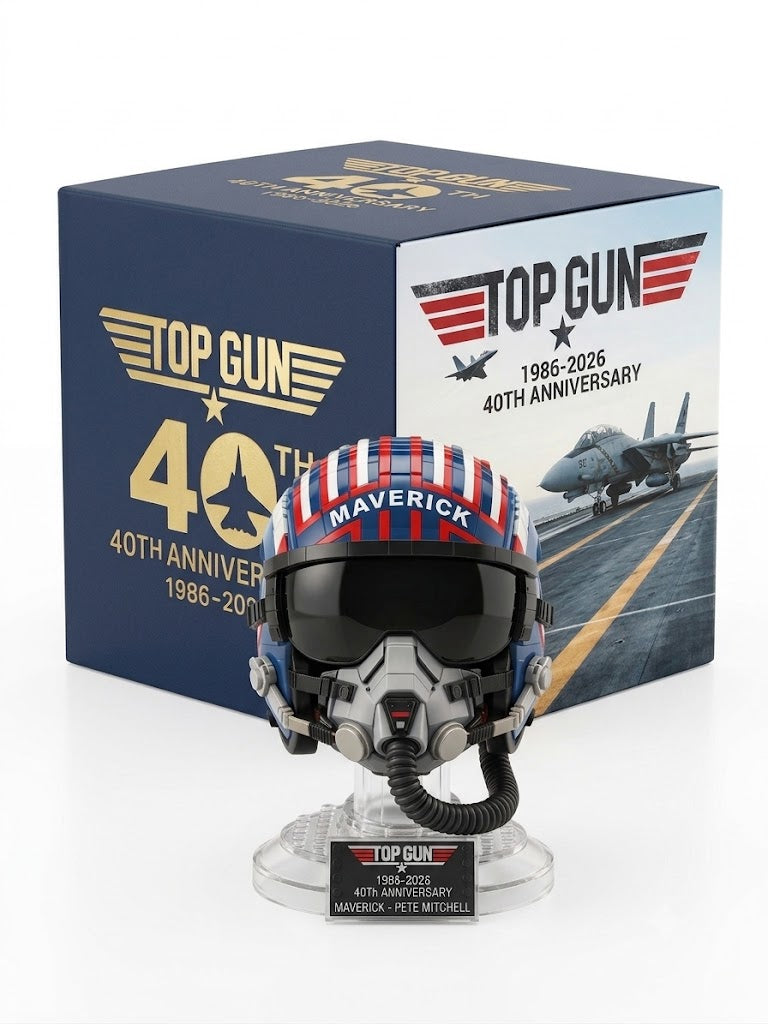 Top Gun 40th anniversary Maverick Pete Mitchell pilot helmet collectible bust with packaging box and display stand.