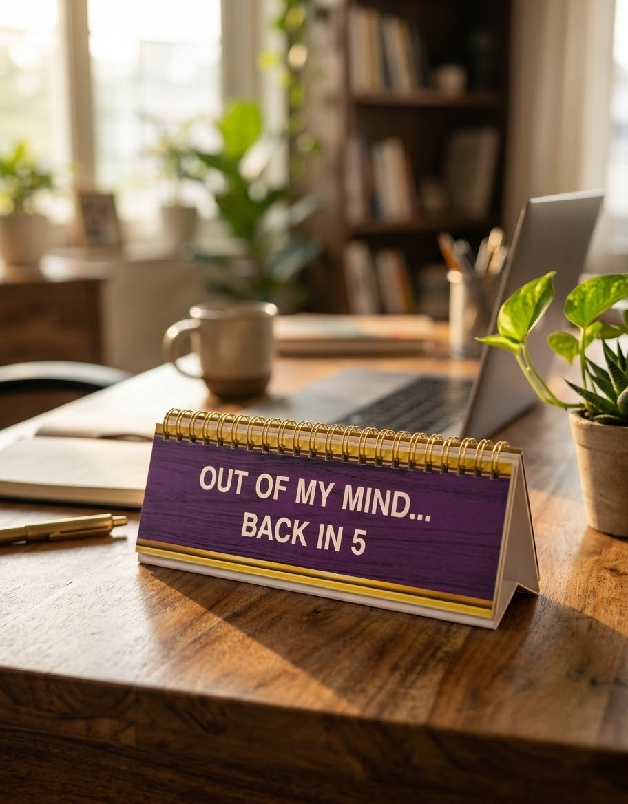 Purple flip sign reading Out of My Mind Back in 5 on an office desk next to a laptop[cite: 3], unique workspace accessories in Lebanon