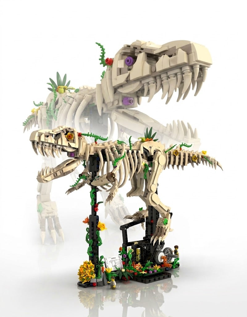 Botanical overgrown T-Rex skeleton building block model mounted on a mechanical black display stand with floral vines and miniature figures.