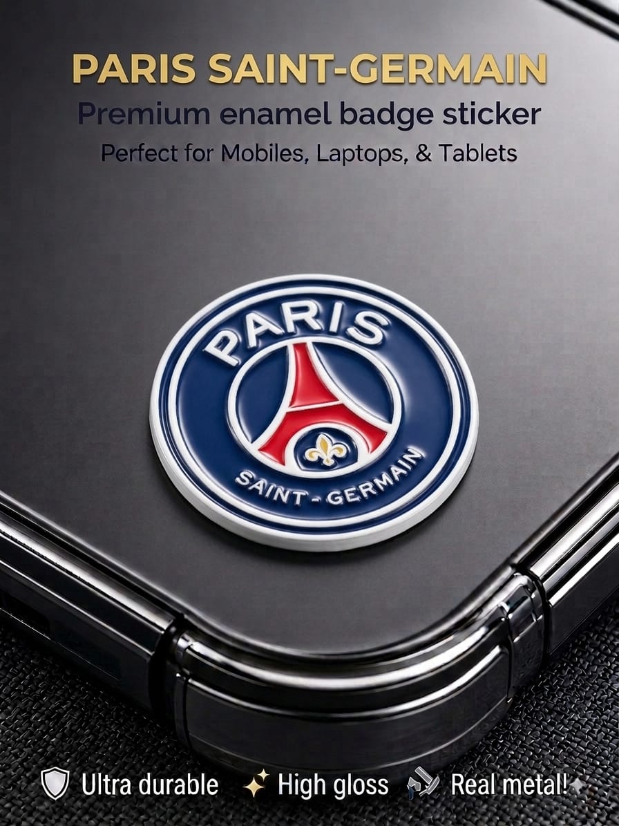 Paris Saint-Germain 3D metal enamel badge sticker with high gloss finish applied on a smartphone case