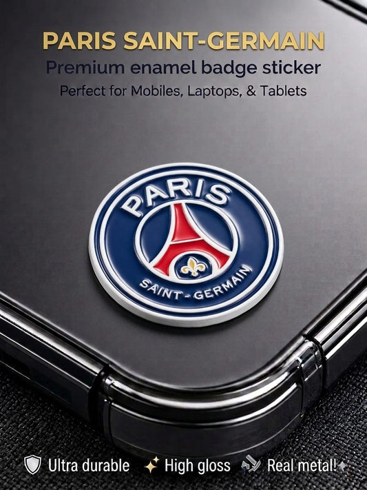 Paris Saint-Germain 3D metal enamel badge sticker with high gloss finish applied on a smartphone case