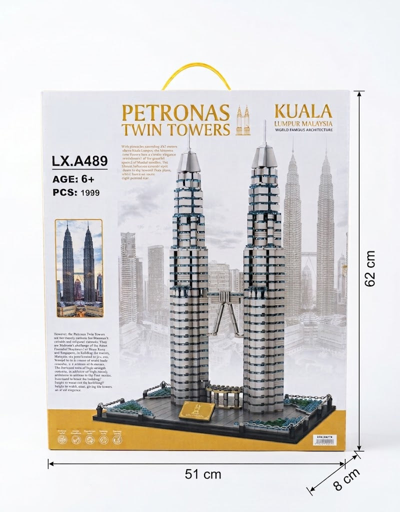 Official box packaging for Petronas Twin Towers LX.A489 1999-piece famous architecture building block set with box dimensions.