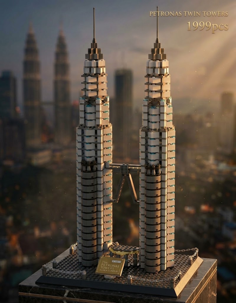 1999-piece Petronas Twin Towers architectural mini block display set set against Kuala Lumpur skyline background, delivered nationwide in Lebanon.
