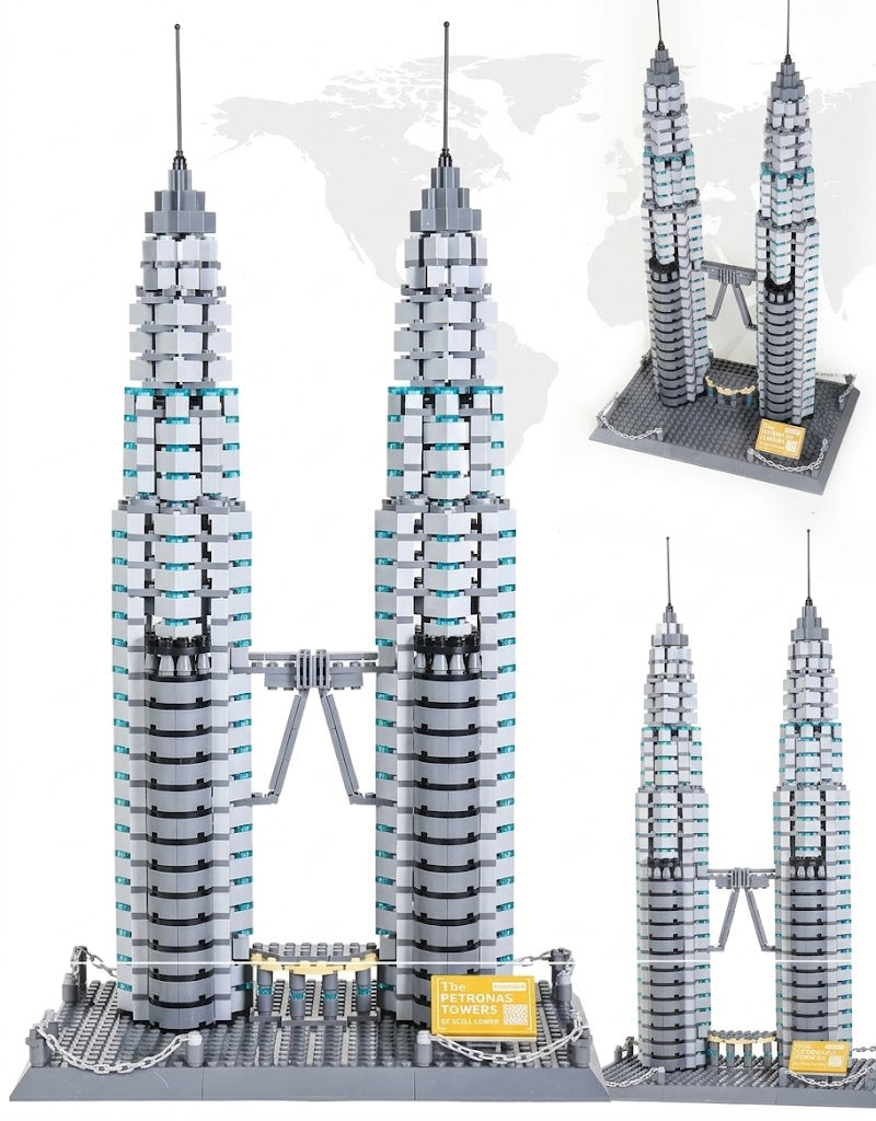 Multiple viewing angles of Petronas Twin Towers building block kit featuring double spires, skybridge, and display plaque.