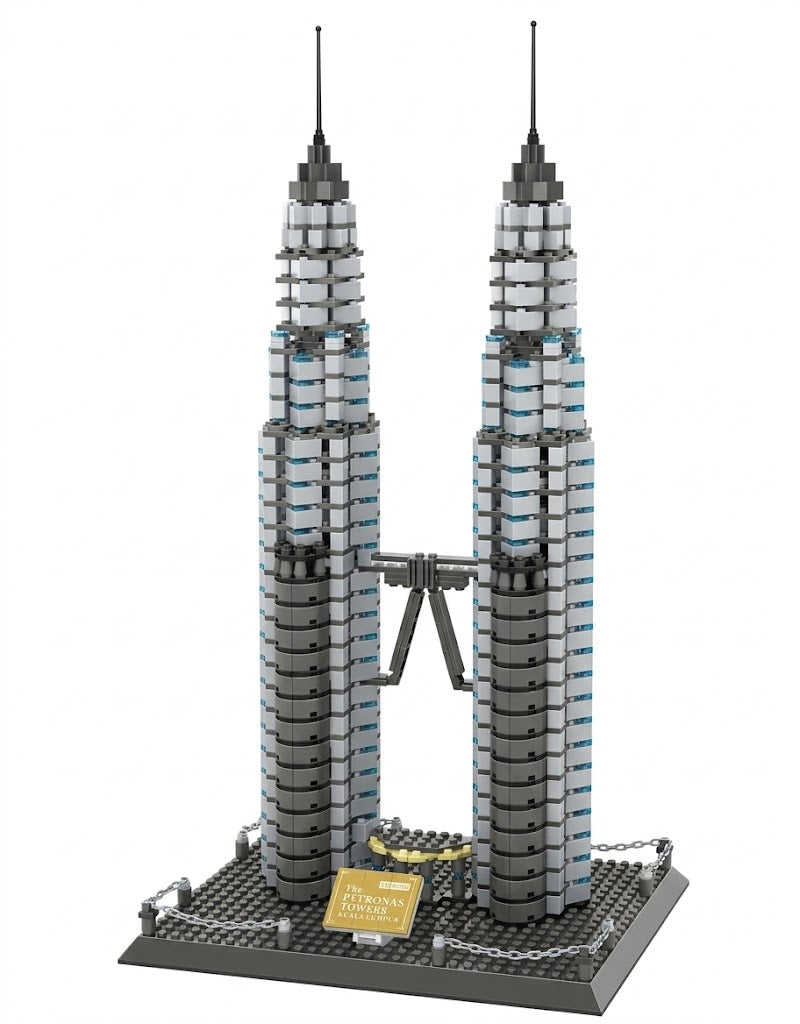 Assembled Petronas Twin Towers 3D building block model on black baseplate with display nameplate, available online at Gadgets Lebanon.