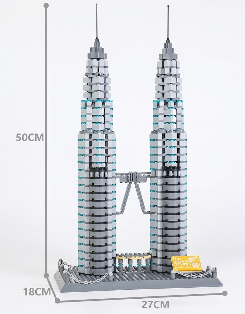 Petronas Twin Towers 1999-piece architectural building block set with physical dimensions measuring 50cm height by 27cm width by 18cm depth, available with fast delivery across Lebanon.