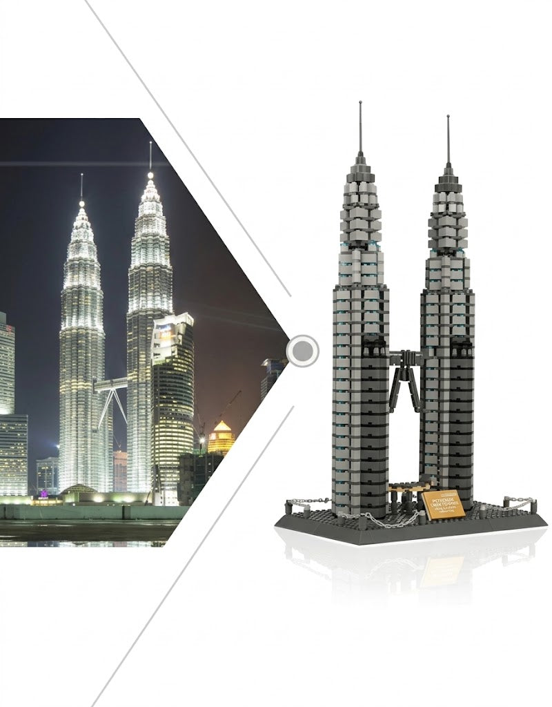 Side-by-side comparison of the real Petronas Twin Towers illuminated at night and the assembled 1999-piece replica building block model.