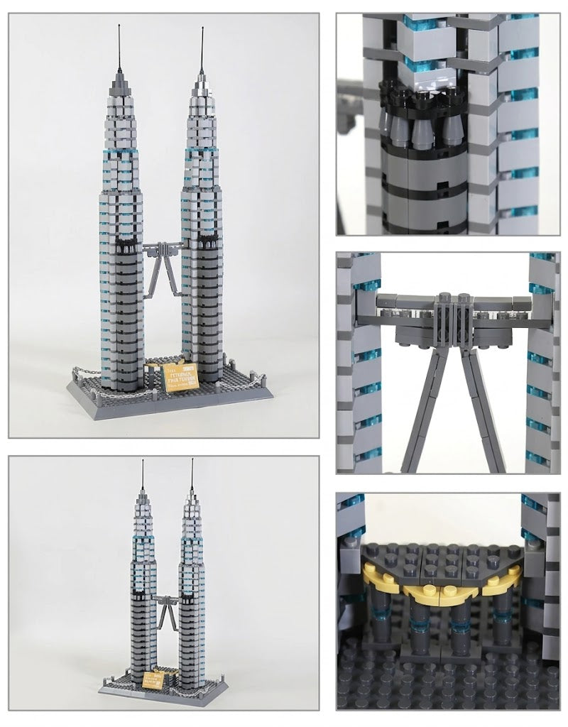 Detailed views of Petronas Twin Towers building block set showing skybridge connection and micro brick architectural craftsmanship.