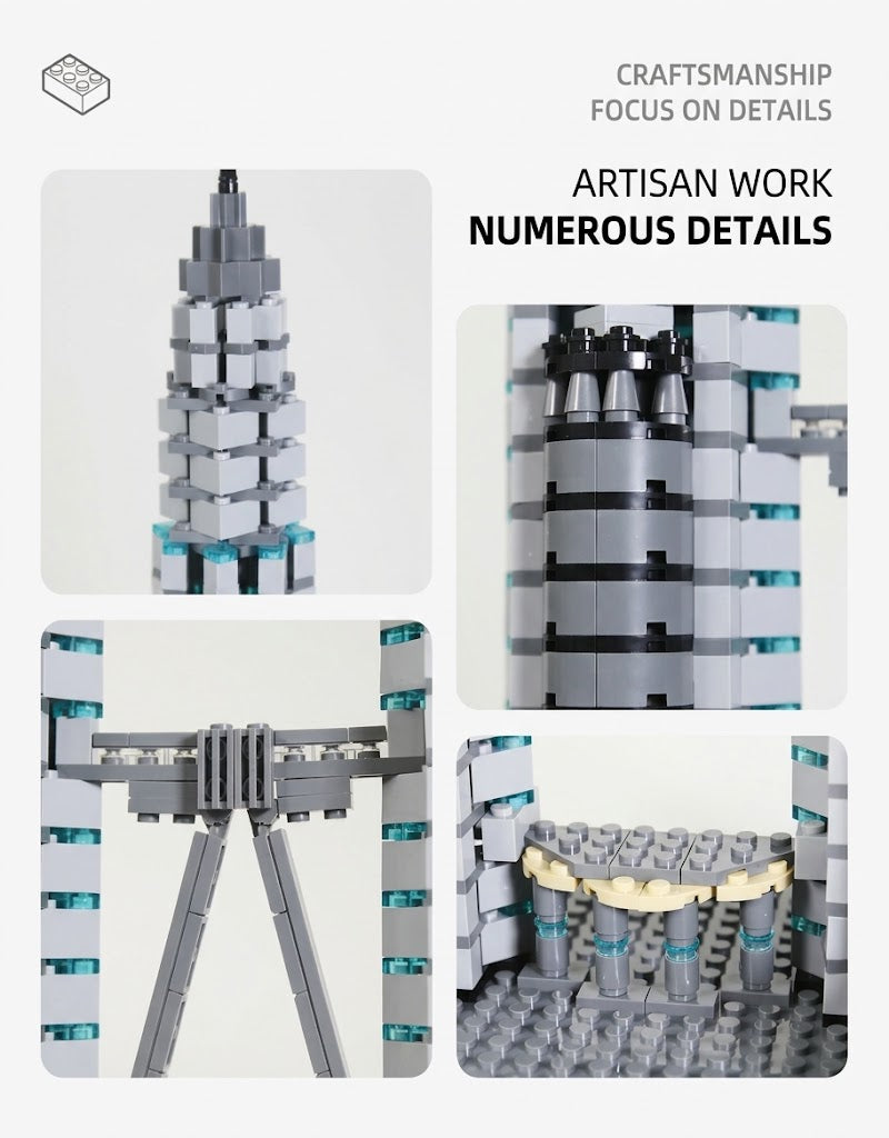 Close-up design details of Petronas Twin Towers building set featuring central skybridge, tower spires, and base structure.