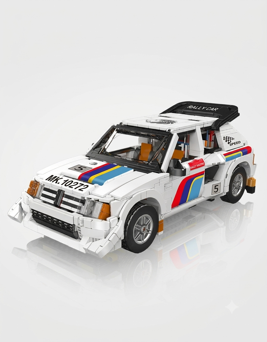 Assembled Peugeot 205 T16 Evo 2 Group B rally car building blocks model kit with authentic racing livery and spoiler