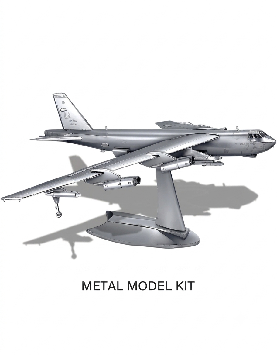 Fully assembled 1:200 scale Piececool B-52 Stratofortress metal model kit mounted on display stand