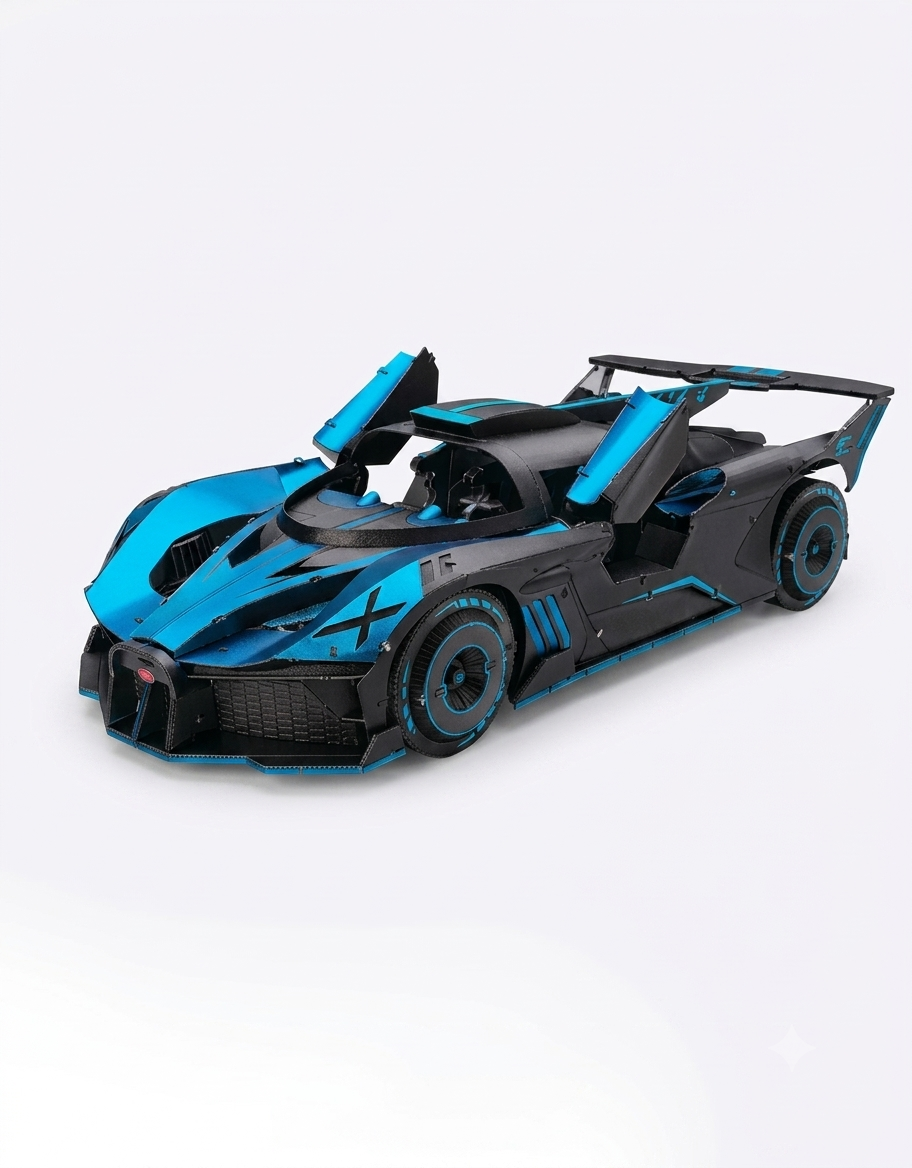 Assembled Piececool blue and black 3D metal puzzle supercar model with butterfly doors open on a white background