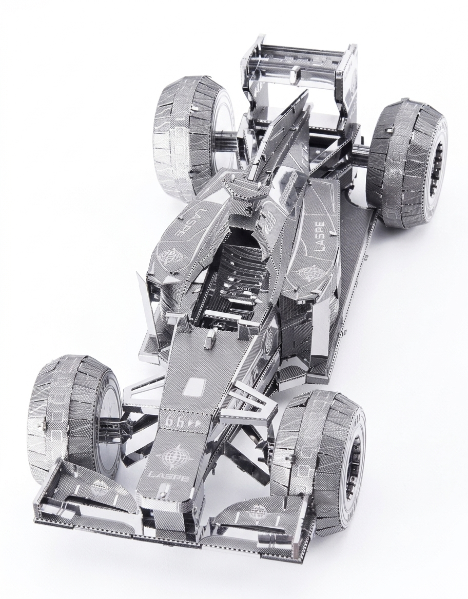 Piececool 3D metal puzzle model kit of an F1 racing car in assembled stainless steel finish.