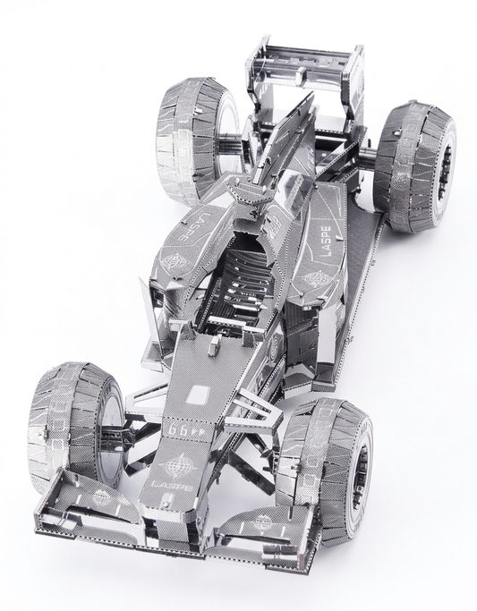 Piececool 3D metal puzzle model kit of an F1 racing car in assembled stainless steel finish.