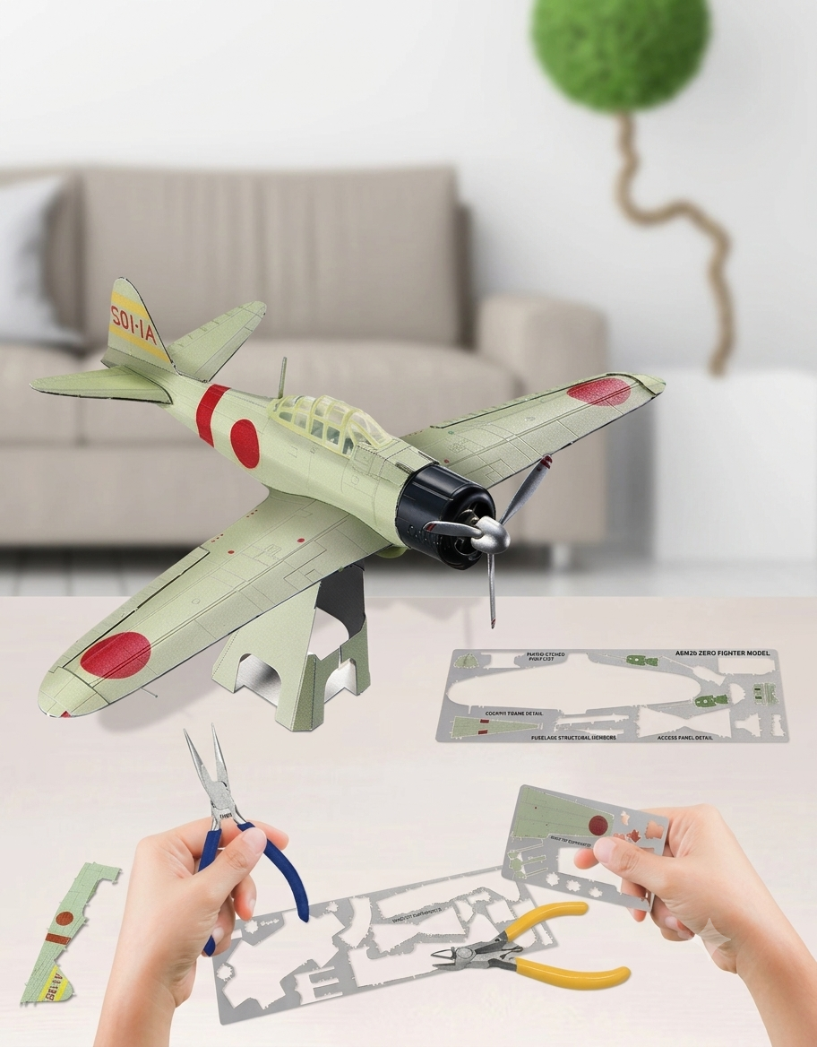 Assembling the Mitsubishi A6M Zero 3D metal puzzle kit using precision clippers and metal sheet parts
