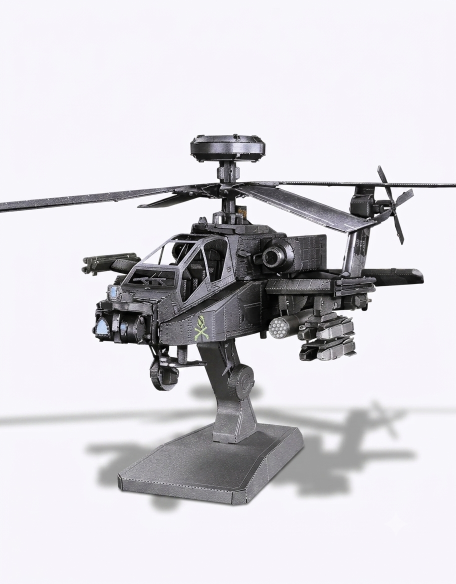 Fully assembled Piececool AH-64 Apache gunship helicopter 3D metal puzzle mounted on black display stand.