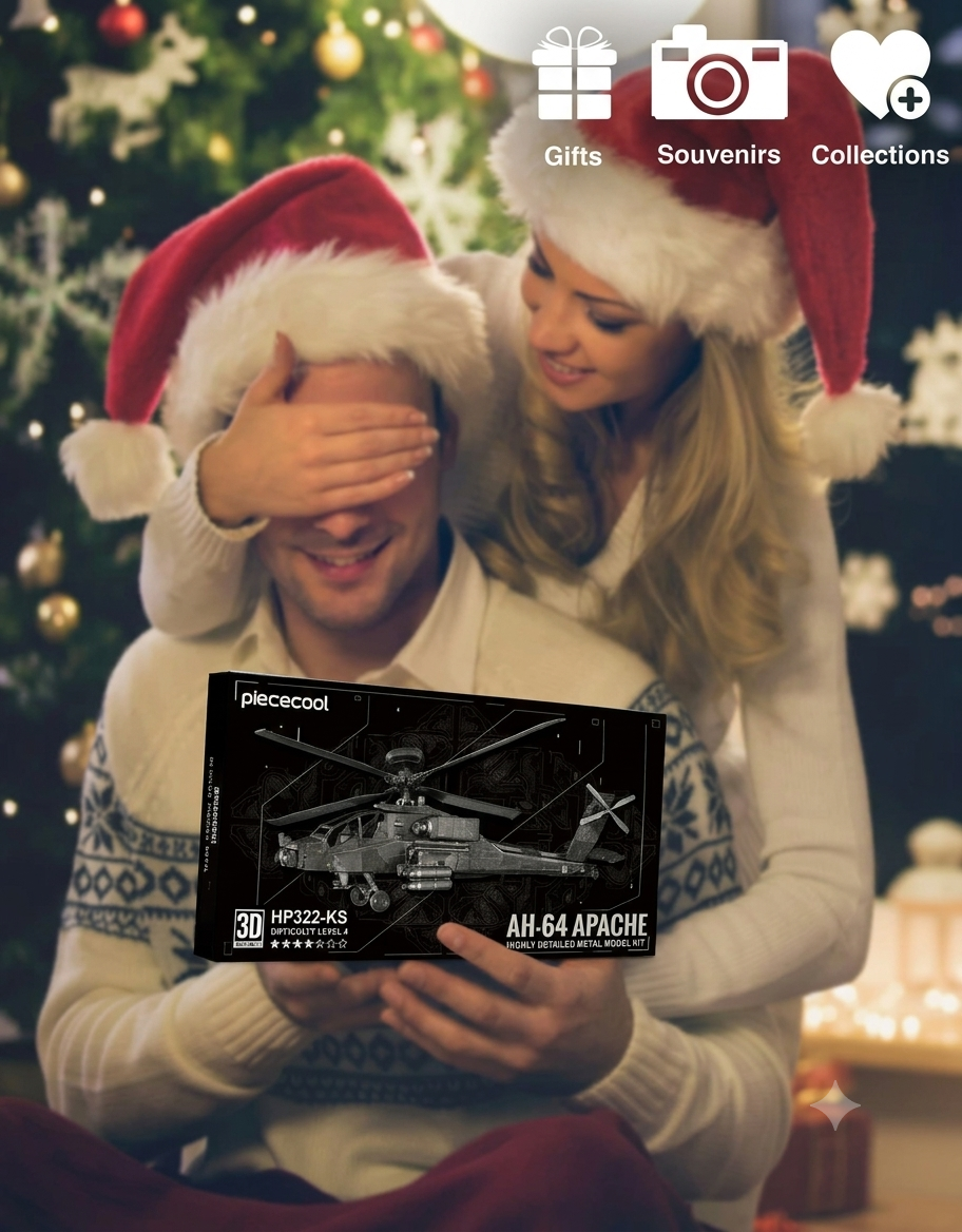 Woman surprising man with a Piececool AH-64 Apache 3D metal puzzle kit in front of a Christmas tree.