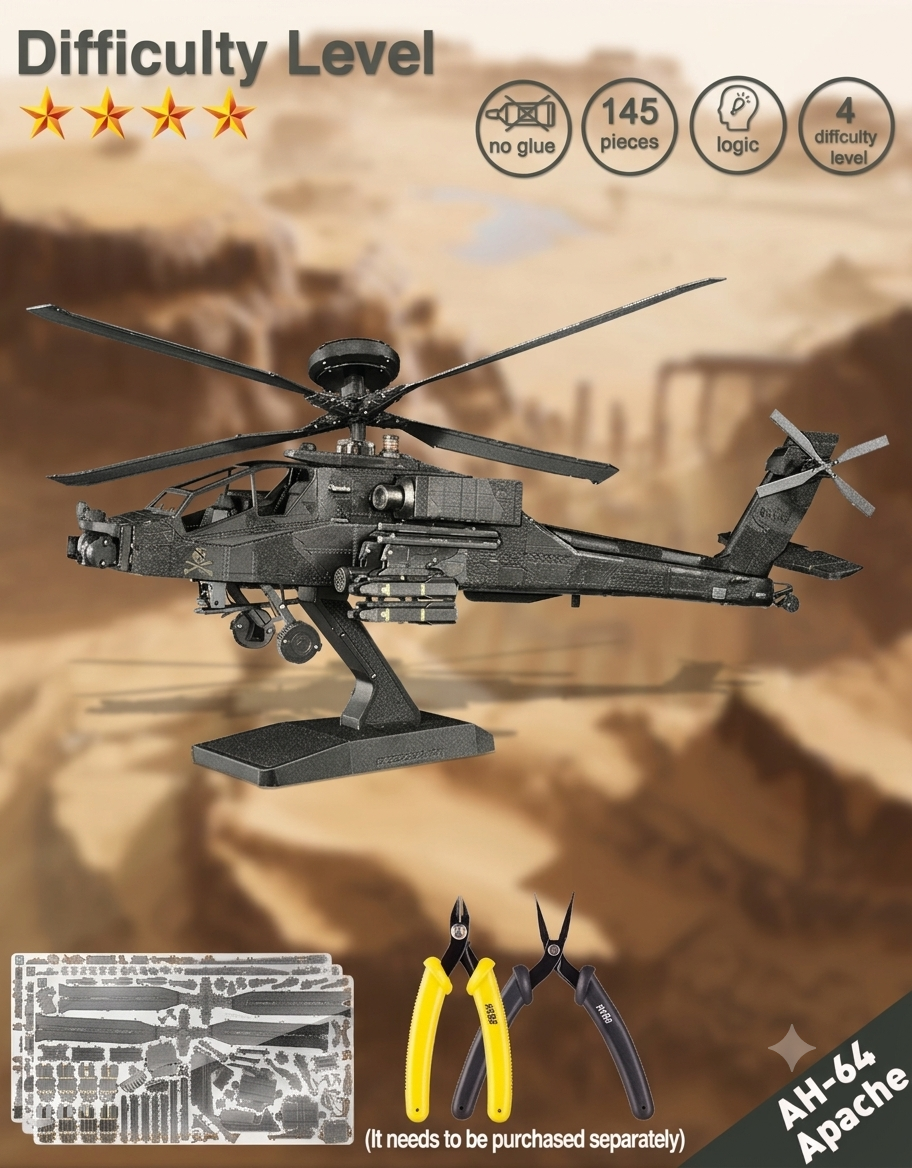 Piececool AH-64 Apache 3D metal puzzle features showing 4-star difficulty level, 145 pieces, and no-glue assembly.