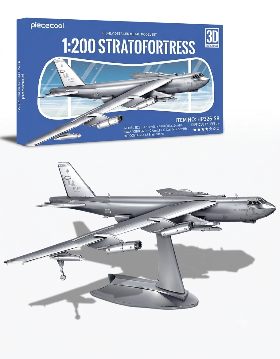 Piececool 1:200 scale B-52 Stratofortress 3D metal model puzzle kit with packaging box and assembled plane on display stand
