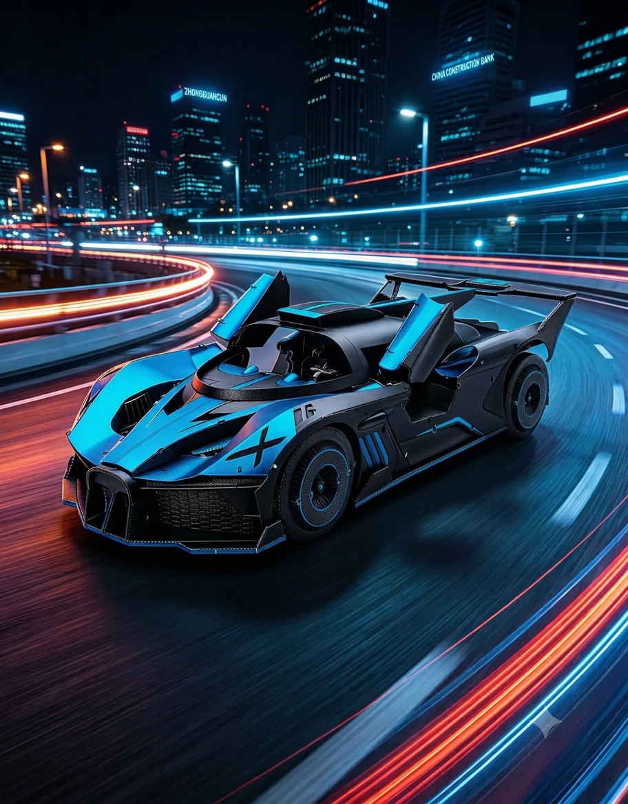 Metallic blue and black supercar 3D puzzle model speeding along a glowing neon night highway track