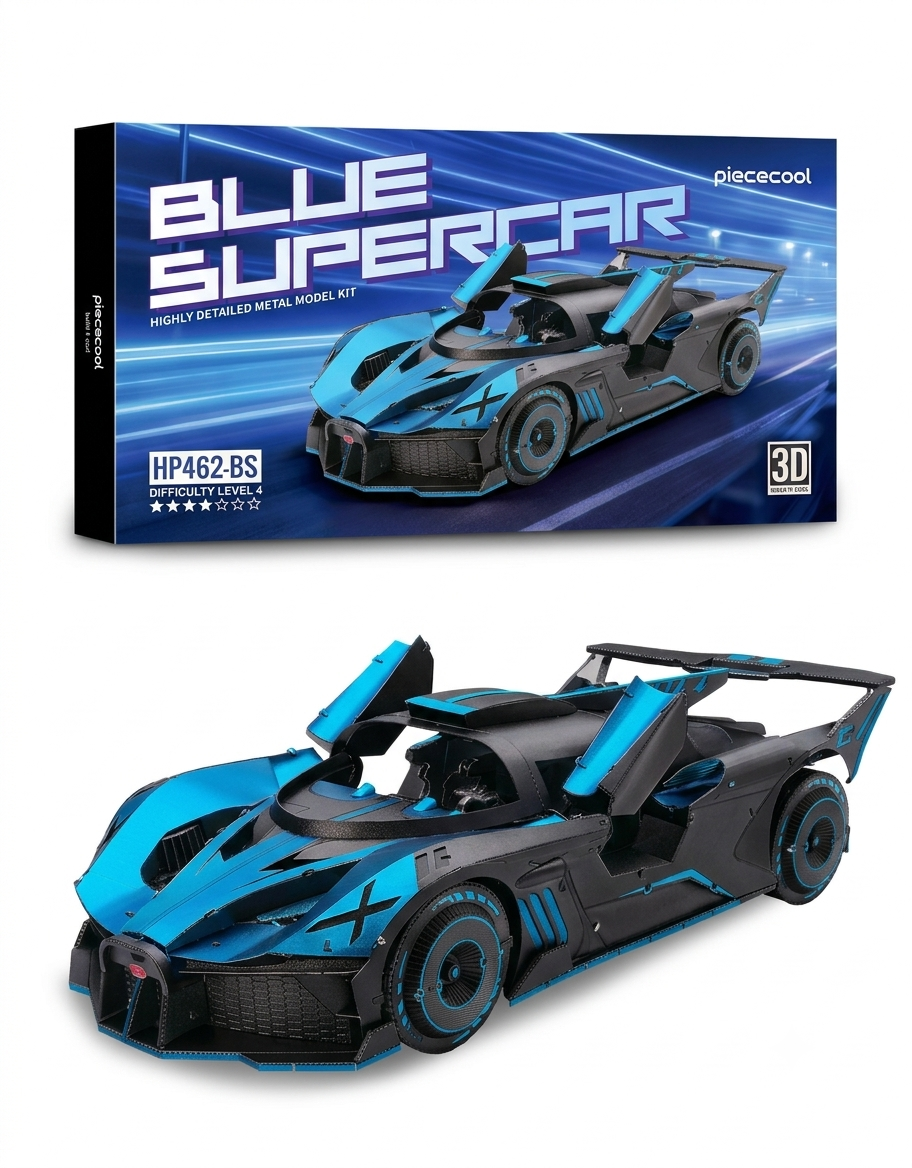 Piececool HP462-BS blue supercar 3D metal model kit packaging box with completed DIY car puzzle