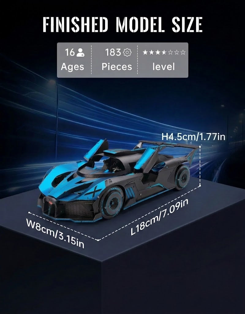Size dimensions, 183-piece count, and level 4 difficulty specifications for the 3D metal supercar model kit