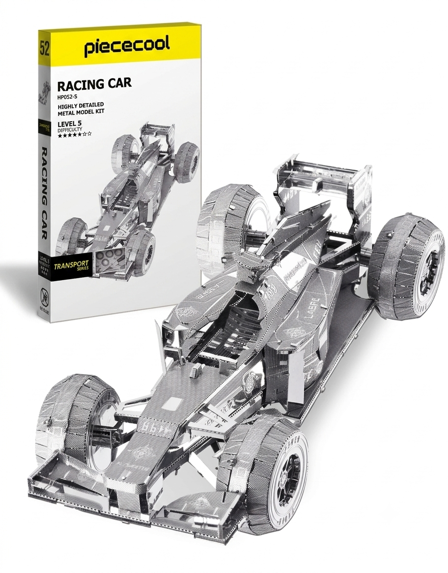 Piececool HP052-S F1 racing car 3D metal model kit displayed alongside its retail packaging box.