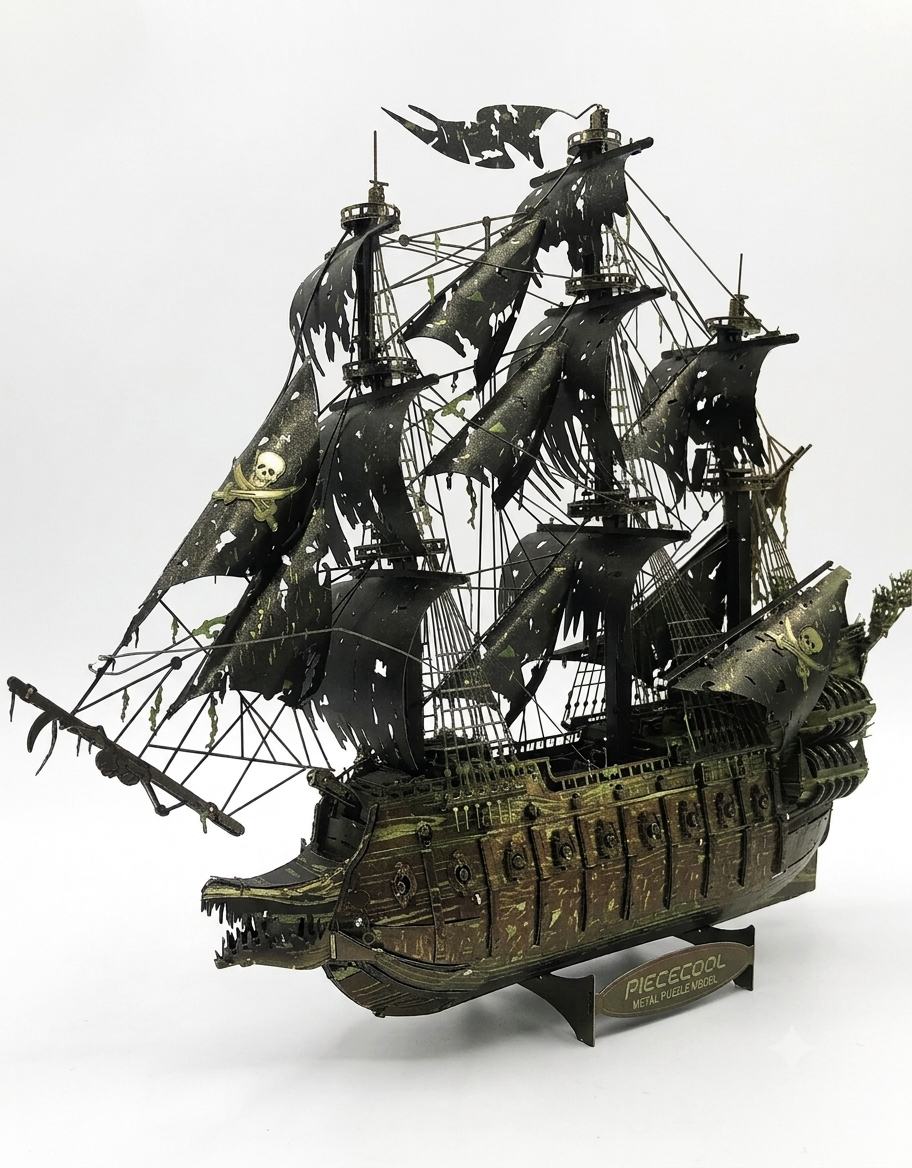 Close-up side profile of the assembled Piececool Flying Dutchman ghost ship 3D metal puzzle on branded display stand.