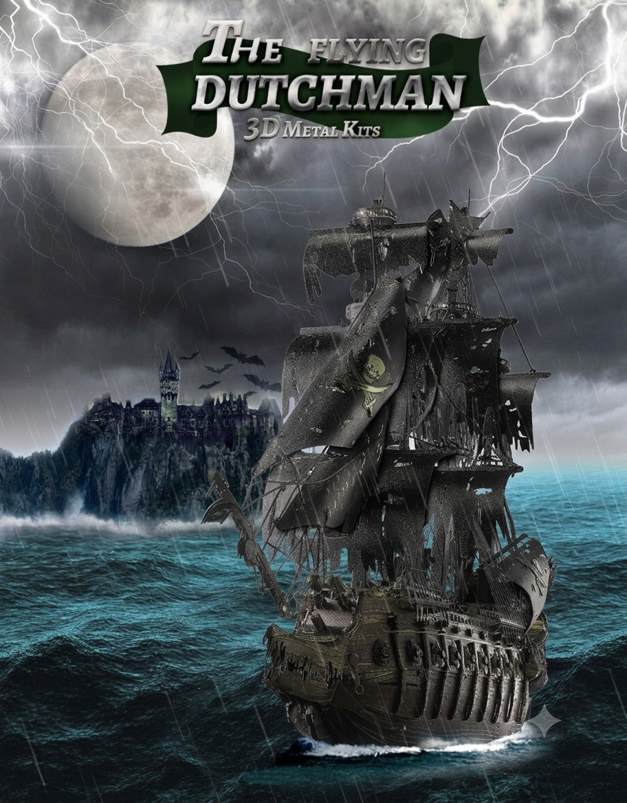 The Flying Dutchman 3D metal model pirate ship sailing through stormy sea with moon and lightning.