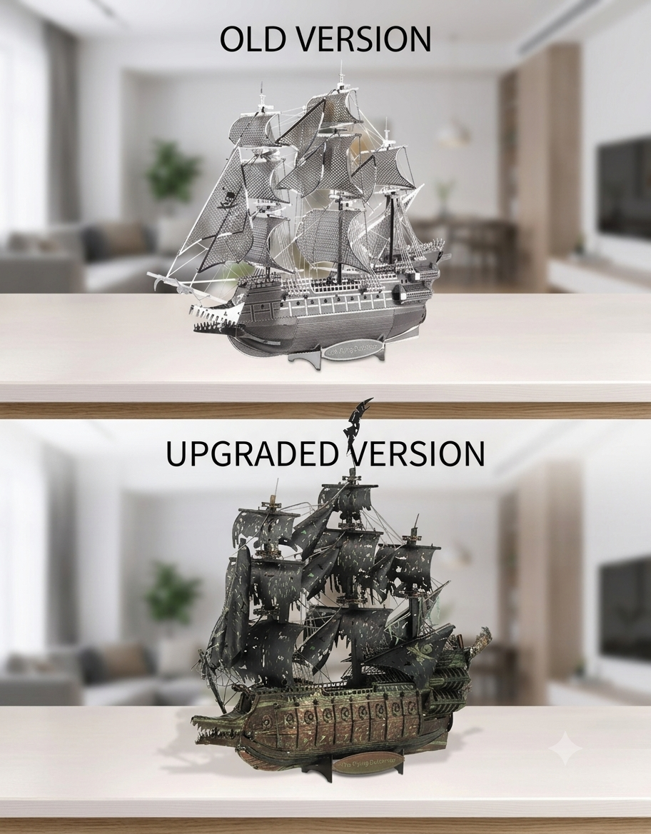 Comparison showing old silver metal edition versus the upgraded full-color weathered Piececool Flying Dutchman 3D puzzle.