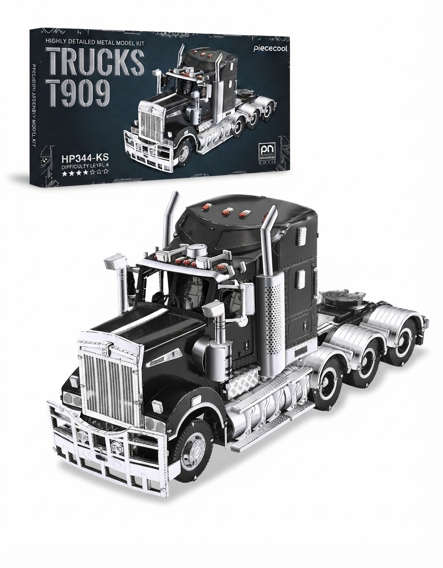 Piececool HP344-KS Trucks T909 retail packaging box next to the finished 3D metal puzzle truck.