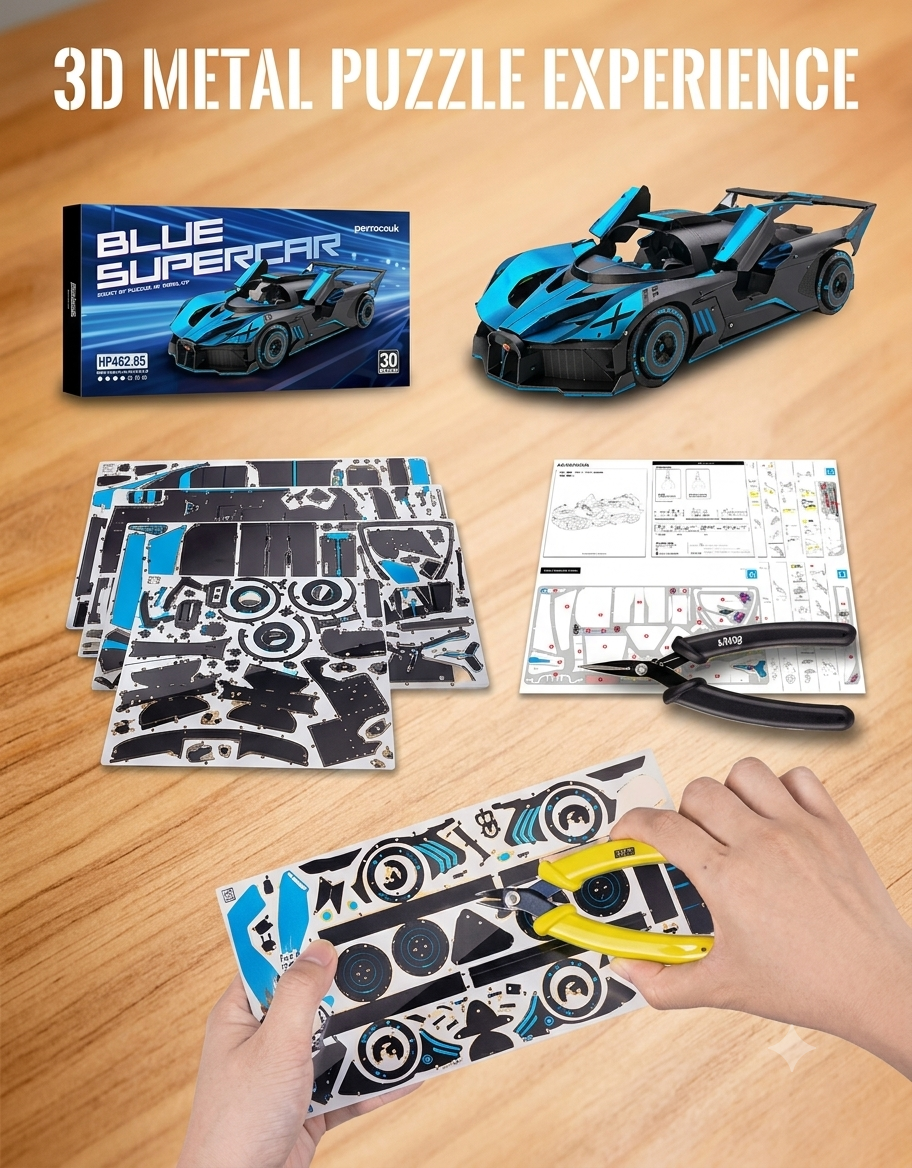Hands cutting metal pieces from laser-cut sheets using assembly tools to build the 3D supercar model