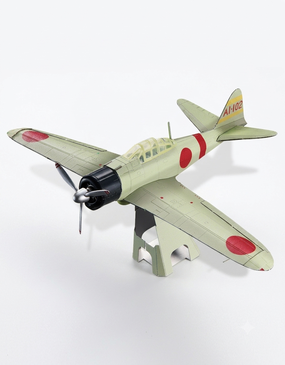 Completed Piececool Mitsubishi A6M Zero fighter 3D metal puzzle model on metal display stand