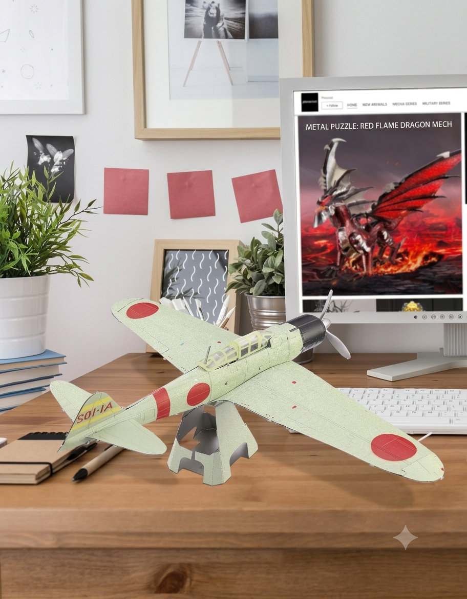 Finished Piececool Mitsubishi A6M Zero metal model plane displayed on a modern workspace desk